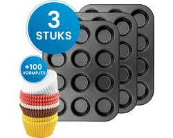 Cupcake Tray - 3 Stuks - Inclusief 100 cupcake vormpjes - Muffin bakvormen - Cupcake bakvorm - Non-stick Coating - Opstapelbaar - Voor Muffins, Cupcakes, Mini-quiches - Zwart
