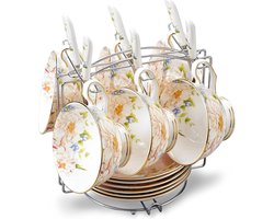Cups & Schotels Sets met lepels en mok houder, Champagne Rose op roze patroon bot China 19-delige set keramische thee koffie kopje theekopjes porselein bloemen Ceremic mokken, serveren voor 6