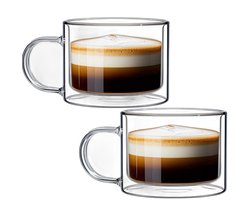 Currero Cappucino Kopjes - Koffiekopjes Met Oor - Cappuccino Glazen - Dubbelwandig - Set Met Schoteltjes - Espresso - Thee - Latte Macchiato - 2 Stuks