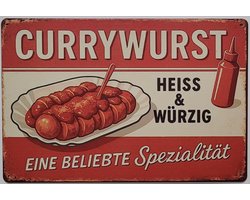 Curryworst Heiss Wurzig Reclamebord van metaal METALEN-WANDBORD - MUURPLAAT - VINTAGE - RETRO - HORECA- BORD-WANDDECORATIE -TEKSTBORD - DECORATIEBORD - RECLAMEPLAAT - WANDPLAAT - NOSTALGIE -CAFE- BAR -MANCAVE- KROEG- MAN CAVE