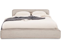 CURSIO gestoffeerd bed met lattenbodem 140x200, beige bed met bekleding in koordlook, houten frame met metalen buis, stevig tweepersoonsbed inclusief lattenbodem, kleine zwarte kunststof voetjes - ambiente