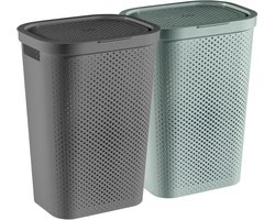 Curver Infinity Recycled Dots Wasmand met deksel - 60L - 2 stuks - Antraciet + Groen