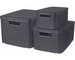 Curver Opbergboxen met deksel Style 3 st S+M+L antraciet