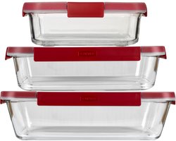 Curver Smart Cook Ovenschalen - Glas met deksel - Set van 0,9L + 2,3L + 3,7L - Rood/Transparant