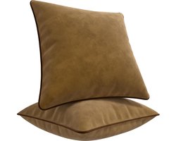 Cushion Cover Set - Set van 2 Decoratieve Kussenhoesjes Oxford Model - Superzacht Fluweel - Modern Ontwerp met Contrasterende Rand - 45 x 45 cm, Camel