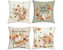 Cushion covers 45 x 45cm - polyester linnen - herfst pompoen en bladeren - sfeervolle decoratie voor thuis - ShopVlot