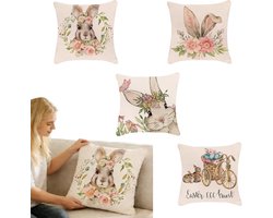 cushion covers easter 4 pieces decorative 45x45cm rabbit and floral print for living room garden party - ShopVlot