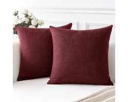 Cushion Covers Set of 2 - Linen Decorative Square Cushion Covers 60 x 60 cm - Home Decor, Sofa, Bedroom, Car (Wine Red, 24 x 24)