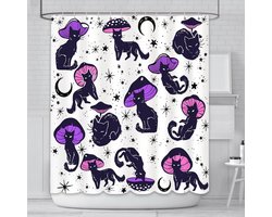 Cute Funny Cat Mushroom Shower Curtain - Zwart Paars Kat Paddenstoel Badgordijn - 70s 80s Badkamer Decor Accessoires - Duurzaam Polyester Materiaal met 12 Haakjes