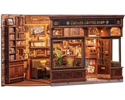 CuteBee CWGB402 Corner Coffee Shop decoratie Book Nook Bouwpakket | Miniatuur theatrale huisjes pakket modelbouw voor volwassenen | Houten 3D Puzzel | Woonkamer decoratie boekensteun | Led lights verlichting ingebouwd | DIY boekenhouder collectie