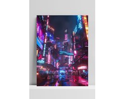 Cyberpunk Poster - Neon - Stad - Coole - Futuristisch - Kleurrijk - Sci-Fi - posters - formaat 60x90cm - 3695BY - 3mm DIBOND - Aluminium Plaat - Metalen Wandbord