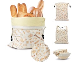 Cyiecw Beeswax Bread Bag Linen 32 x 42 cm and Bowl Lid 18 cm, Reusable Bread Bag with Elastic Band and Carabiner, Bread Bag Storage Fresh for Bread and Baked Goods