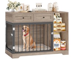 CYRO - Hondenbench Meubel - Bench Kast - Hondenhok Binnen - Hondenbench Hout - met Opbergruimte - 120x87x60cm - Dressoir - Eikenhout Grijs