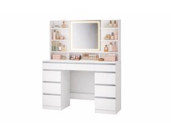 CYRO - Make up tafel - Make up Tafel met Spiegel - Make up Organizer - Kaptafel - 9 Lades & open Planken - Met Spiegel & LED - Wit