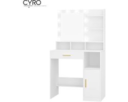 CYRO - Make up tafel - Make up Tafel met Spiegel - Make up Organizer - met LED verlichting - 40x80x140cm - 4 Open Vakken - Wit