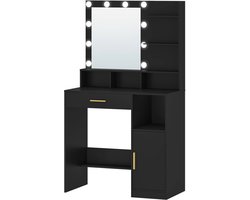 CYRO - Make up tafel - Make up Tafel met Spiegel - Make up Organizer - Met Spiegel - met LED verlichting - Nagelbureau Werkstation - 40x80x140cm - Met 3 planken en 4 open vakken - met Grote Lade - Zwart