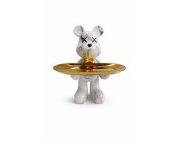 CYRO - Woondecoratie - Graffiti beer met Dienblad - Decoratie Woonkamer - Beeldjes decoratie - Sleutels Opslag Plank - Wit - Goud