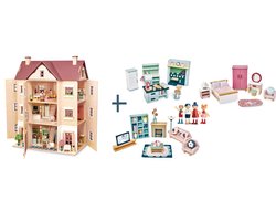 [D] Tender Leaf uniek houten poppenhuis Villa Foxtail XXL 3 verdiepingen inclusief houten poppen familie woonkamer en keuken/slaapkamer meubels - 40 x 72 x 90 cm cm