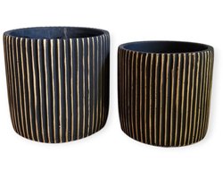 Daan Kromhout - Bloempot - Set van 2 - Steen - Robuust - Zwart met Goud - 17x16 en 15x14cm