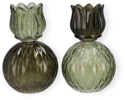 Daan Kromhout - Waxine houders - Kaarsenhouders - Set van 2 - Tulp - Glas - Bol - Groen Mix - 11x17cm