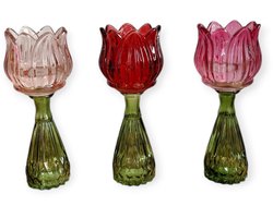 Daan Kromhout - Waxine houders - Kaarsenhouders - Set van 3 - Tulp - Glas - Roze mix - 7x18cm
