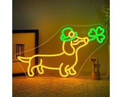 Dachshund Neon Sign - Honden Neon Licht voor Wanddecoratie - Schattige Puppy met Cowboyhoed en Klaver - LED Verlichting voor Huisdierwinkel, Slaapkamer, Feestdecoratie, Gift voor Hondenliefhebber