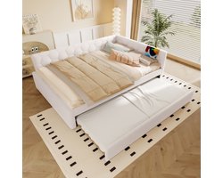 Dagbed 140x200 - Uitschuifbed Met USB En Type-C - Slaapbank Met Nachtlampje - Imitatie Wol - Wit - Zonder Matras