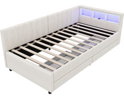 Dagbed, 90*200 cm, slaapbank, met opbergvakken aan de zijkant, USB- en Type-C-poorten, led-lichtstrip, twee lades, lattenbodem (matras niet inbegrepen), linnen, beige.