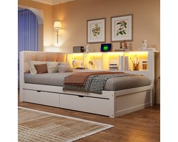 Dagbed 90x200cm, Slaapbank, Eenpersoonsbed (Zonder Matras), Met Lades, Met Dimbare Ledstrip, Met Praktische Plank, Met USB-Poort, Grenenhout