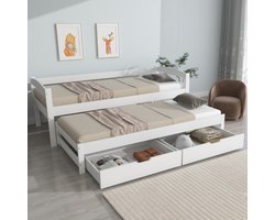 Dagbed, enkel en dubbel bed, uitschuifbaar bed met wielen onderaan, met 2 MDF lades, massief houten frame, wit (200x90cm/190x90cm)