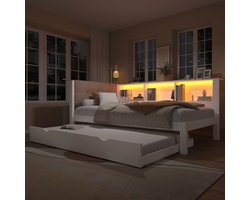 Dagbed, slaapbank, 90x200 cm, eenpersoonsbed (zonder matras), met uitschuifbaar bed, met dimbare ledstrip, met handig opbergrek, met USB-aansluiting, 90x200 cm, grenenhout, wit