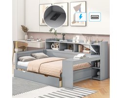 Dagbed slaapbank - complete werk- en slaapplek met bureau en opbergruimte - 90x200 cm eenpersoons - Grijs - Nachtkastplateau, 2 schuifladen en opbergvak onder bureau - Stopcontact & USB-oplaadpoorten