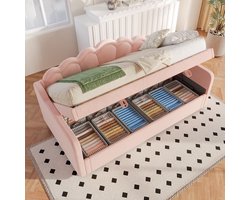 Dagbed - slaapbank - hydraulisch bed - eenpersoonsbed - zonder matras - fluweel - van kleur verwisselbare LED-strip - 90x200cm - Roze