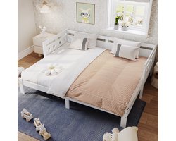 Dagbed, uitschuifbaar bed, 90*200 cm, massief grenenhout, met een tweede slaapgedeelte en lattenbodem, hartvormig, wit.