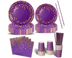 Dailygoods - 120-delige Feest Servies Set in Paars en Goud - Papieren Borden, Bekers en Bestek voor Verjaardagen