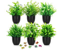 Dailygoods - 6 stuks kleine nepplanten in potten, kleine kunstplanten binnen en buiten, 6 verschillende gevormde plastic bloemenplanten, badkamerplanten voor thuis, tuin, kantoor, bureau, doucheruimte