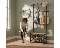 Dailygoods Bamboe kapstok PE rotan halbank met bank en schoenenopbergruimte - Bruin