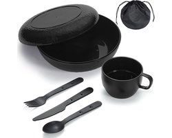 Dailygoods - Berglander Camping Mess Kit met Kom, Bord, Beker, Lepel, Vork, Mes en Draagtas, Kunststof Camping Accessoires Essentials Uitrusting voor Reizen, Picknick, Buiten, Makkelijk te Dragen Schoon te Maken