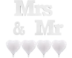 Dailygoods- Bruiloftdecoratie Set - Houten Ornamenten - Aluminiumfolie Ballonnen - 4 Stuks - Wit - Duurzaam en Elegant - Trouwdecoratie