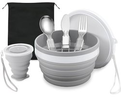 Dailygoods- Campingservies 6-delig - Roestvrijstalen Bestekset - Beker - Kom - Bord - Compact en Opvouwbaar - Kampeeruitrusting