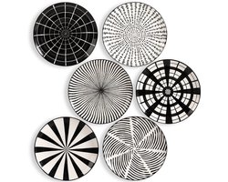 Dailygoods- Dinerborden Set van 6 - 25,5 cm Grote Porseleinen Borden - Platte Zwarte/Witte Patronen - Vaatwasser/Magnetron/Ovenbestendig - Innovatief Ontwerp - Eetborden
