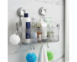 Dailygoods - Doucheplank zonder boren, transparante grijze zuignap, badkamerrek met 6 haken, sterke draaiknop, zuignap, badkamer douchemand voor shampoo en douchegel