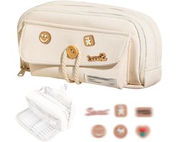 Dailygoods- Etui Groot 4 Vakken - Duurzaam Pennenetui - Decoratieve Patches - Slijtvast Canvas - Voor Schrijfwaren/Cosmetica - Modern Design - Pennenzak