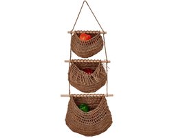 Dailygoods- Fruitmand 3-laags - Hangende Opbergmand - Geweven Groentehangmand - Ruimtebesparend - Sterk Draagvermogen - Houten/Katoenen Touw