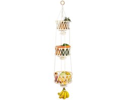 Dailygoods- Fruitmand 3 verdiepingen - Hangende Bamboehangmand - Ruimtebesparend - Opbergoplossing - Stijlvol en praktisch - Hoogwaardig katoenen touw - Opbergmand