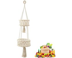 Dailygoods- Fruitmand Hangend 2 Laags - Boho Wanddecoratie - Katoenen Touw - Ruimtebesparend - Sterke Treksterkte - 25 x 25 x 70 cm - Opbergmand
