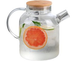 Dailygoods- Glazen Karaf 1,8 Liter - Waterkan - Hoog Borosilicaatglas - Deksel van Hout - Duurzaam - Hittebestendig