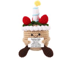 Dailygoods- Haaktaart Positief - Gebreide Taart - Kaki/Rood/Wit - Wollen Draad - 8,5 x 13,5 cm - Motiverend Cadeau - Gehaakte Decoratie