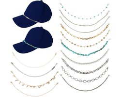 Dailygoods- Hoedaccessoires Set van 14 - Afneembare Hoedkettingen - Metalen Turquoise/Parel - DIY Decoratie - Stijlvolle Charms - Totale lengte 28cm