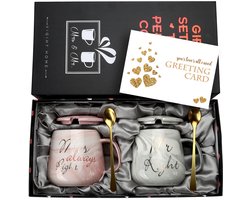 Dailygoods- Koffiemokken Set van 2 - Keramisch - Marmer - Huwelijksgeschenken - 13 Oz - Inclusief deksel en lepel - Theekopjes